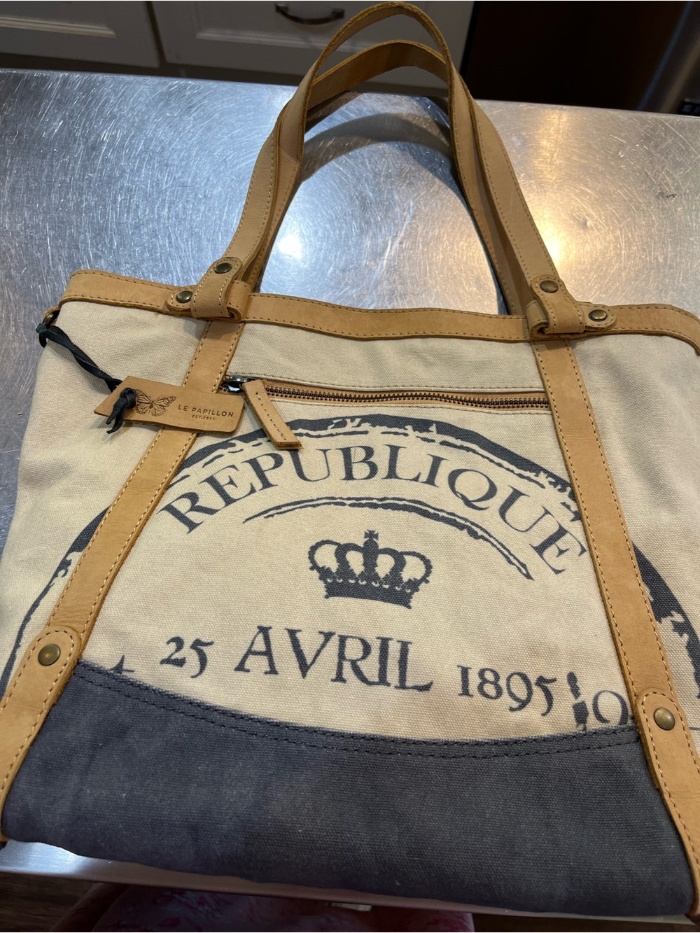 Papillon Blanc Beige Canvas Tote with Black Print and Tan Leather Trim
